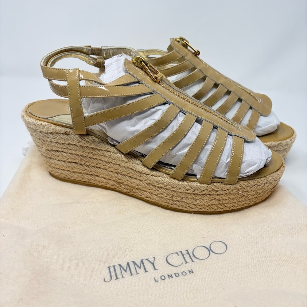 Jimmy Choo Palermo Nude Patent Leather Zip Wedge Espadrille‎ Sandals 41 US 11